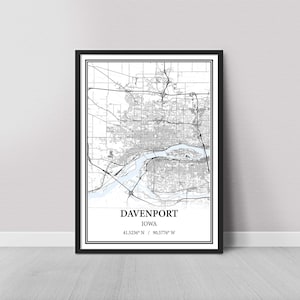 Davenport, Iowa Map Poster – Street & Road Map, Gray Vintage, Modern Minimalist, or Vintage Elegance, Custom Print or Canvas
