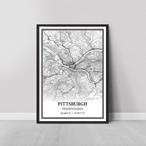 Pittsburgh Pennsylvania Map Poster Print Canvas, Modern or Vintage Road Map Wall Art, Custom Pittsburgh Map for Home or Office Decor