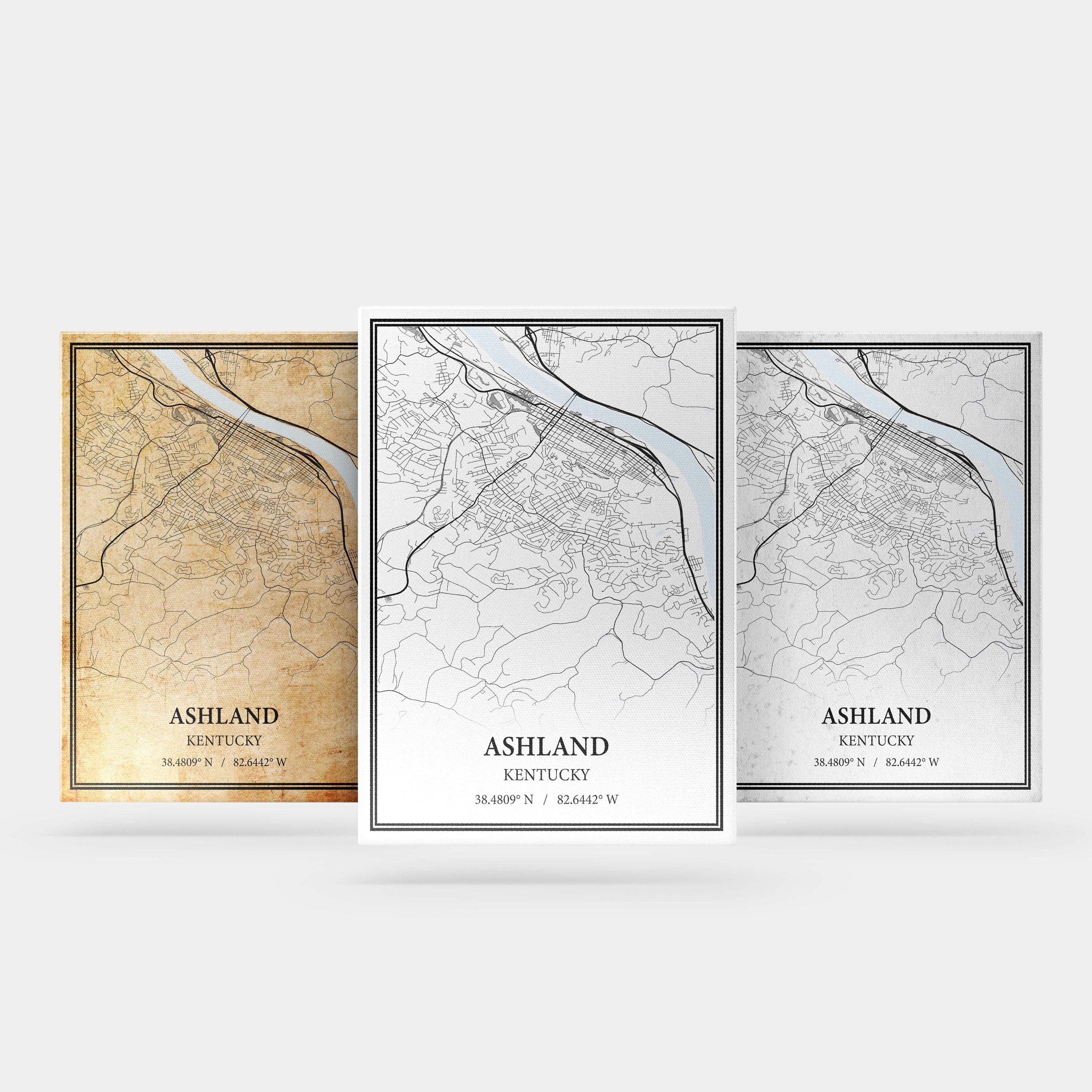 ところとん Ashland Kentucky Map Poster – Black and White Map Print, Canvas