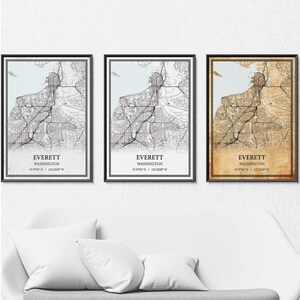 Everett Washington Map Poster Print Canvas, Modern or Vintage Road Map Wall Art, Custom Everett Map for Home or Office Decor