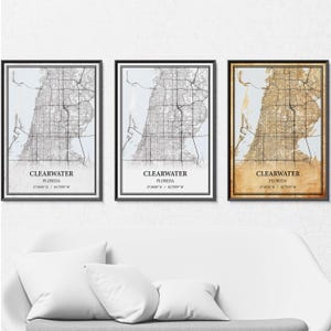 Clearwater Florida kaart poster print canvas, moderne of vintage wegenkaart muurkunst, aangepaste Clearwater kaart als decor voor thuis of op kantoor