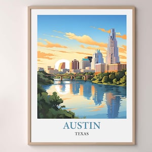 Vintage Watercolor Austin Texas Travel Poster: Skyline Cityscape Art