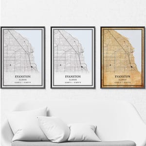 Affiche de carte d'Evanston, Illinois - Art mural gris vintage, minimaliste moderne ou élégance vintage, impression personnalisée ou toile