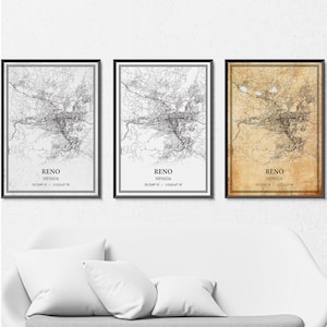 Stampa su tela con mappa stradale di Reno Nevada, arte murale moderna o vintage, mappa di Reno personalizzata per la casa o l'ufficio