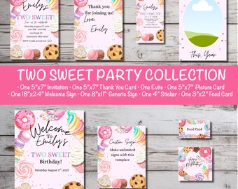 Editable Two Sweet Birthday Invitation Bundle, party invites, digital download, Canva templates, 2nd birthday , girls birthday.