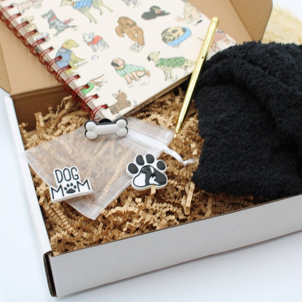 Dog Mom Gift Box with Shoe Charms Comfy Socks Dog Themed Journal and Pen Gift For Her Mother's Day Self Care Pampering Personalized Gift