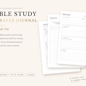 May include: A Bible Study & Prayer Journal digital template set by Shawna Lasenby Designs. Includes pages for SOAP study, daily devotions, prayer lists, and scriptures. Features sections for scripture, observation, application, and prayer.