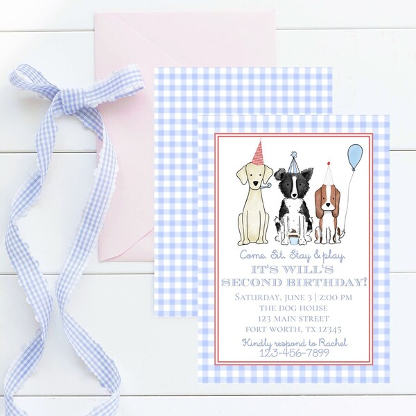 Watercolor Boys Dog Party Invitation | Preppy Let's Pawty | Boy's Dog Theme Birthday | Come, Sit, Stay & Play | Printable, Instant Download