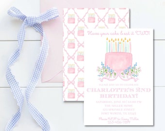 Watercolor Have Your Cake and Eat it Two Birthday Party Invitation | Girl's Second Birthday | Grandmillennial Birthday Party | Printable