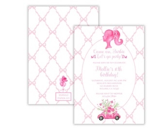 Invitation de fête d'anniversaire de poupée d'aquarelle | Fête de la poupée rose | Fête d'anniversaire grandmillénaire rose | Fête de poupée girly | Invitation imprimable