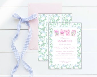 May include: A white invitation with a green and blue floral border. The invitation reads "Let's get our Mahjong on! Please join us for Mahjong Girls Night! Saturday, April 20th, 7:00 PM The Parker Residence 121 Main Street | Light hors d'oeuvres & drinks will be served. Please RSVP to [phone number]"