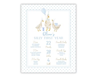 Watercolor Boy's Silly Goose First Birthday Milestone Sign | One Silly Year Milestone Sign | Preppy Boys Silly Goose Birthday |  Printable