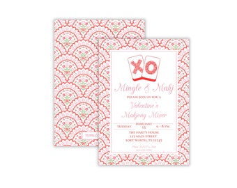 May include: A pink and red floral patterned invitation for a Valentine's Day Mahjong Mixer. The invitation includes the date, time, and location of the event. The text reads "Mingle & Mahj" and "Please join us for a Valentine's Mahjong Mixer".