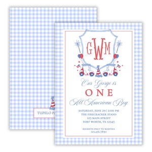 Watercolor All American Boy Birthday Party Invitation | Preppy 4th of July Birthday Party | Boy&#39;s Red White & Two Invitation | Printable