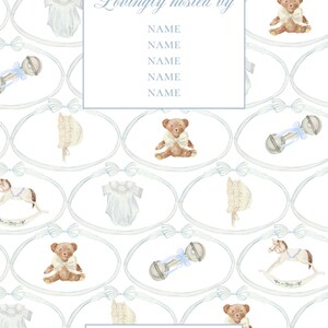 May include: A white background with a blue and white pattern of baby items, including a rattle, a rocking horse, a teddy bear, and a baby onesie. The text "Lovingly hosted by" and "TUPELO PAPER CO" are also included in the image.