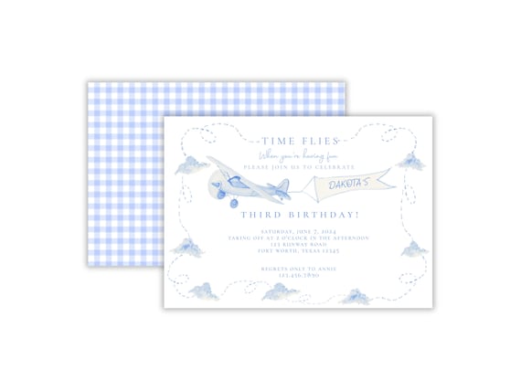 Watercolor Preppy Airplane Invitation | Preppy Time Flies Airplane Invite | Vintage Airplane Invitation | Up Up & Away Party | Printable