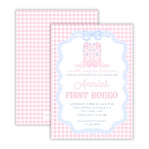 Preppy Girl&#39;s First Rodeo Birthday Party Invitation | Watercolor First Rodeo | Gingham Cowgirl Boots | Boots and Bows Party | Printable