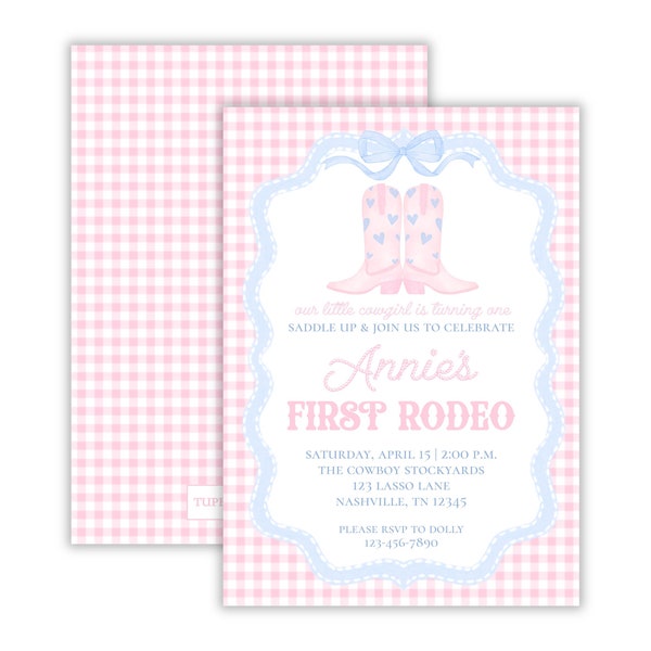 Preppy Girl's First Rodeo Birthday Party Invitation | Watercolor First Rodeo | Gingham Cowgirl Boots | Boots and Bows Party | Printable