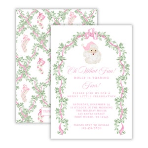 Watercolor Christmas Birthday Party Invitation | Vintage Santa Birthday Invitation | Girly Christmas Party | Oh What Fun Party | Printable