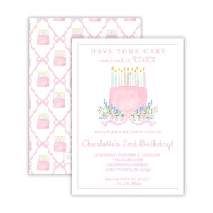 Watercolor Have Your Cake and Eat it Two Birthday Party Invitation | Girl&#39;s Second Birthday | Grandmillennial Birthday Party | Printable