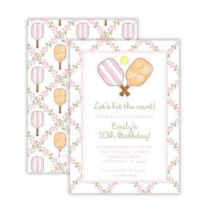 Watercolor Girl&#39;s Pickleball Party Invitation | Preppy Pickelball Party | Pickleball Theme Birthday | Grandmillennial Pickleball | Printable