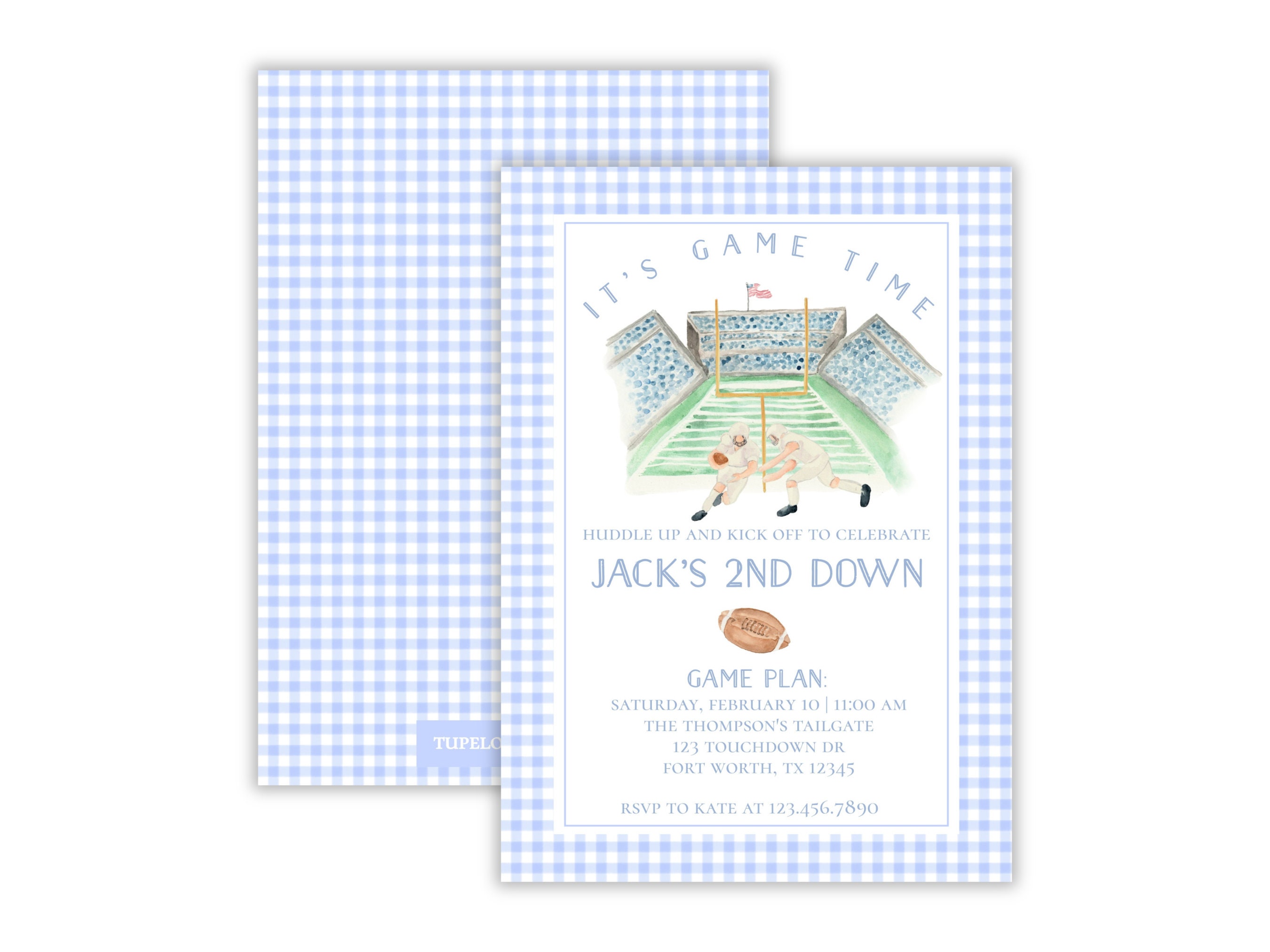 Watercolor Preppy Football Birthday Party Invitation | Preppy First Down Birthday | Vintage Football Party | Gingham Football | Printable
