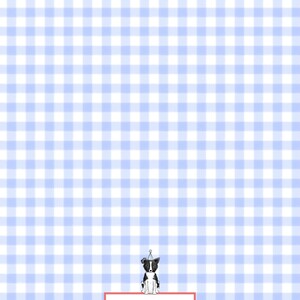 May include: A light blue and white gingham pattern background with a small illustration of a black and white dog wearing a party hat. The text "TUPELO PAPER CO" is in a red rectangle.