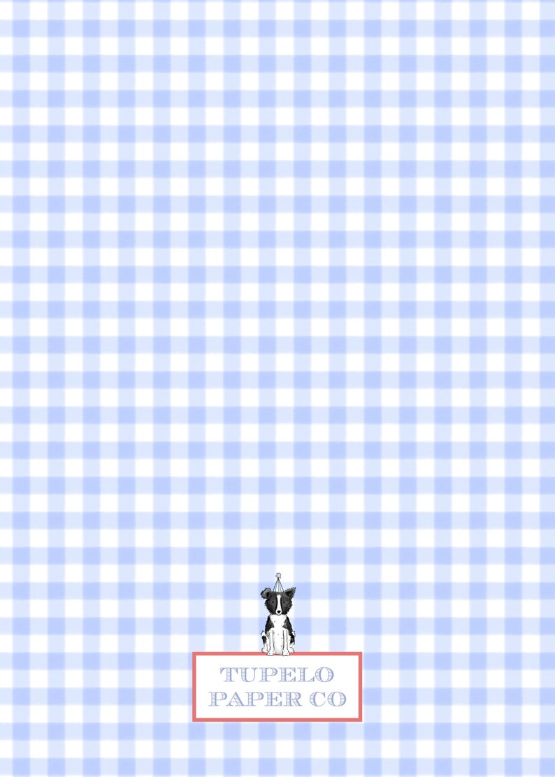 May include: A light blue and white gingham pattern background with a small illustration of a black and white dog wearing a party hat. The text "TUPELO PAPER CO" is in a red rectangle.