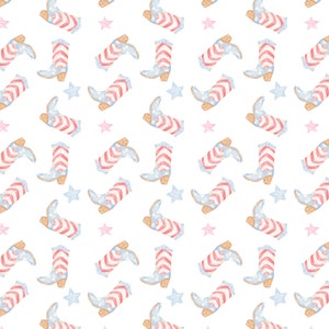 May include: A seamless pattern featuring watercolor illustrations of red, white, and blue cowboy boots with stars. The background is white. The text "TUPELO PAPER CO" is at the bottom of the image.
