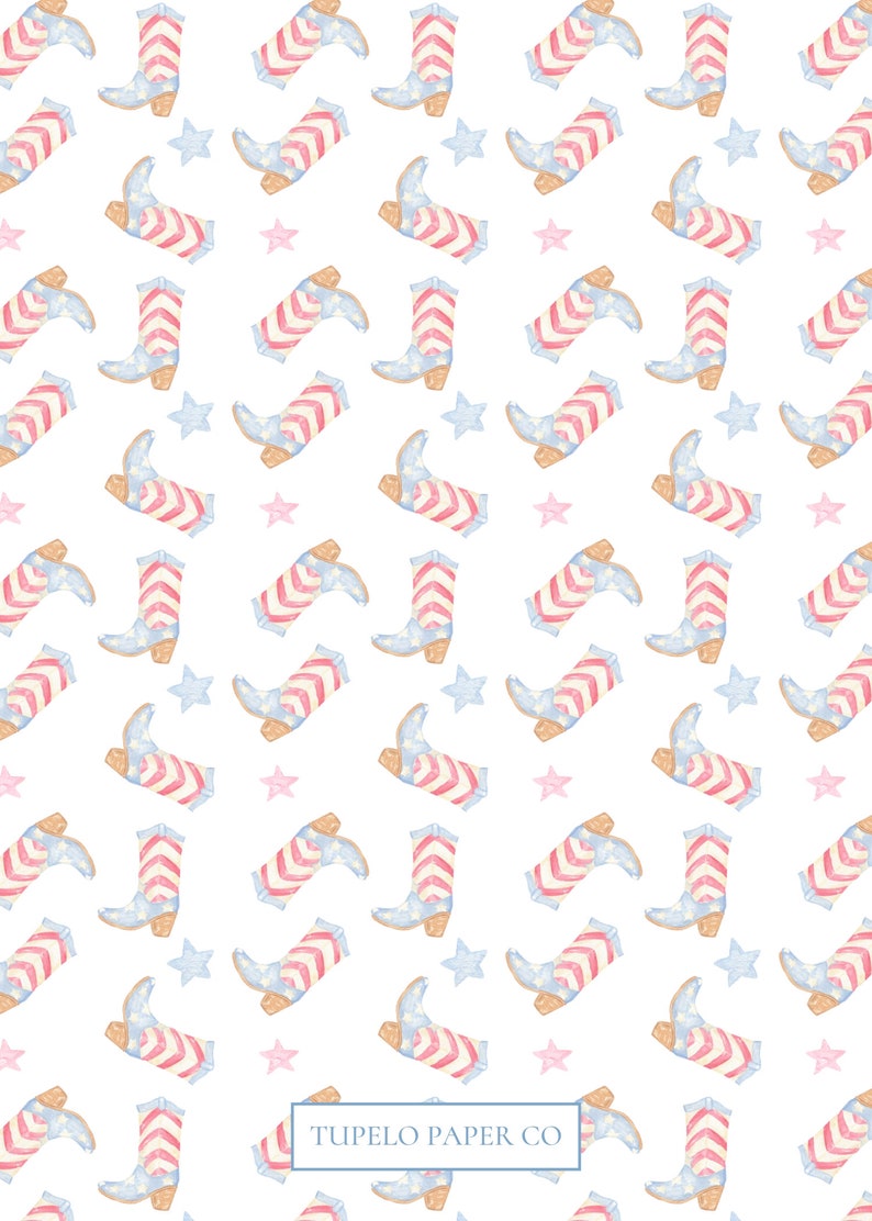 May include: A seamless pattern featuring watercolor illustrations of red, white, and blue cowboy boots with stars. The background is white. The text "TUPELO PAPER CO" is at the bottom of the image.