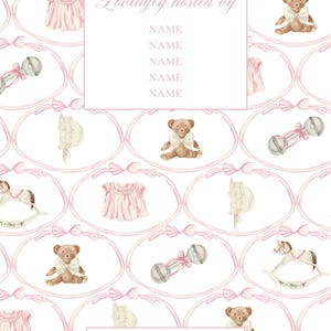 May include: A baby shower invitation with a repeating pattern of pink bows, baby clothes, teddy bears, rattles, and rocking horses. The text "Lovingly hosted by" and "Tupelo Paper Co" are visible.