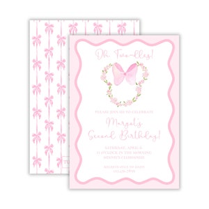 Invitación a la fiesta de cumpleaños de Oh Two-dles en acuarela / Invitación preppy de Minnie Mouse / Invitación clásica al segundo cumpleaños de Minnie / Imprimible
