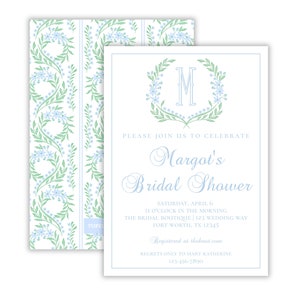 Watercolor Grandmillennial Bridal Shower Invitation | Preppy Blue and Green Bridal Shower | Classic Bridal Brunch Invitation | Printable