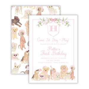 Watercolor Girl&#39;s Dog Party Invitation | Preppy Let&#39;s Pawty Invitation | Party Dogs Invitation | Grandmillennial Puppy Pawty | Printable