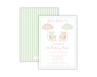 Watercolor Girl's Pool Party Invitation | Preppy Pool Party Invitation | Beachy Swim Party Invitation | Beach Birthday Party | Printable