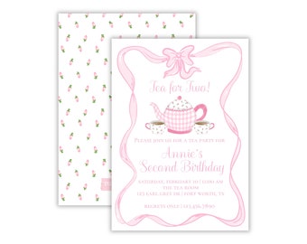Watercolor Tea for Two Birthday Party Invitation | Grandmillennial Tea Party Invitation | Let's Par-tea | Printable