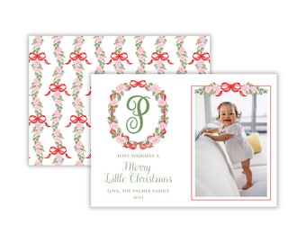 Watercolor Preppy Christmas Card | Grandmillennial Christmas Card | Holly Christmas Card | Preppy Holiday Card Template | Printable
