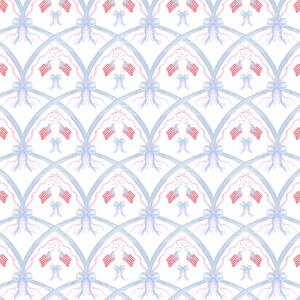 May include: A seamless pattern featuring a repeating design of two American flags hanging from a blue ribbon with a pink bow. The flags are red, white, and blue. The background is white.