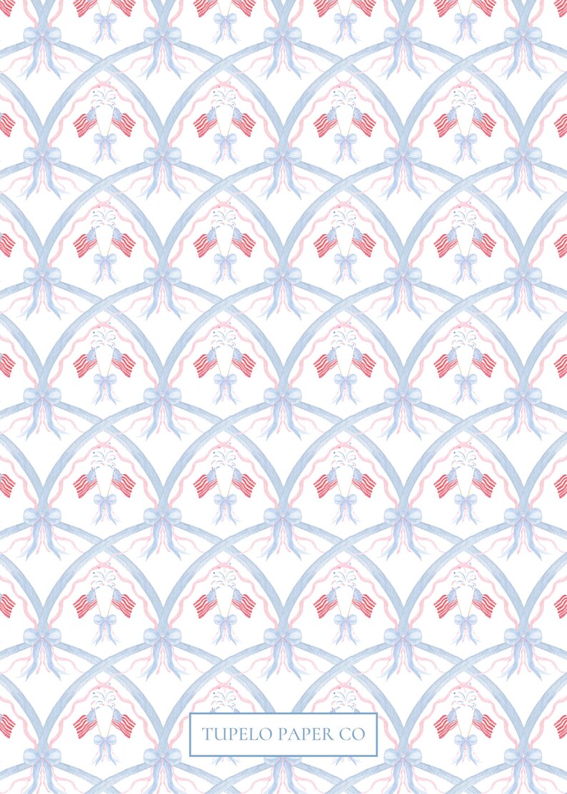 May include: A seamless pattern featuring a repeating design of two American flags hanging from a blue ribbon with a pink bow. The flags are red, white, and blue. The background is white.