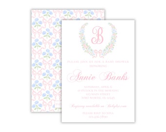 Watercolor Grandmillennial Baby Shower Invitation | Hydrangeas and Bows Baby Shower | Pink and Blue Baby Shower | Preppy Shower | Printable