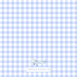 Puede incluir: Un fondo de cuadros vichy azul claro con una peque&ntilde;a ilustraci&oacute;n de avi&oacute;n blanco en el centro. El texto "TUPELO PAPER CO" est&aacute; impreso en negro en la parte inferior de la imagen.