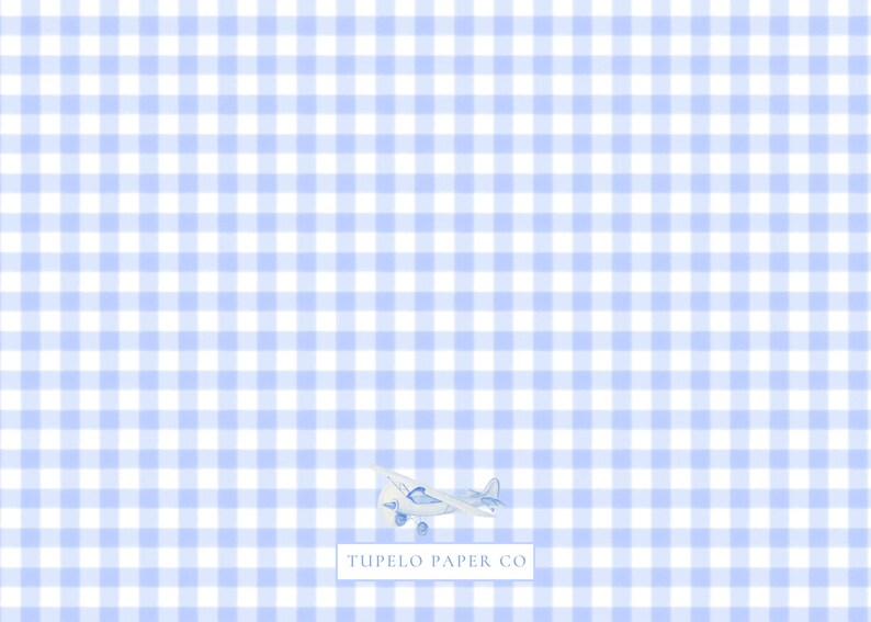 Puede incluir: Un fondo de cuadros vichy azul claro con una peque&ntilde;a ilustraci&oacute;n de avi&oacute;n blanco en el centro. El texto "TUPELO PAPER CO" est&aacute; impreso en negro en la parte inferior de la imagen.