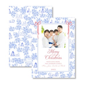 Cartão de Natal Blue Toile | Cartão de Natal Grandmillennial | Cartão de Natal em aquarela | Cartão de Natal com cena de inverno | Para impressão