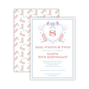 May include: Red, white, and blue birthday party invitation with a red, white, and blue boot design and the text "Red, White & Two! Please join us to celebrate Sam's 2nd Birthday! Saturday, June 29, 2:00 PM The Firecracker Stand 123 Main Street Fort Worth, TX 12345 BBQ & Beverages will be provided Please RSVP to Martha 123.456.7890"