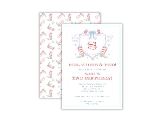 Watercolor 4th of July Birthday Party | Preppy Patriotic Birthday Party Invitation | Patriotic Cowboy Party | Red White & Two | Printable