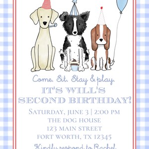 May include: A birthday invitation with three cartoon dogs wearing party hats and a blue balloon. The invitation text reads "Come. Sit. Stay & play. IT'S WILL'S SECOND BIRTHDAY!" with the date, time, and location.