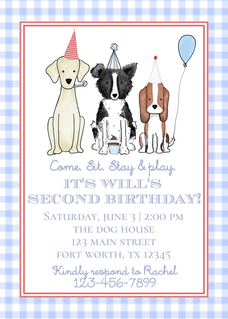 Watercolor Boys Dog Party Invitation Preppy Let's Pawty Boy's Dog Theme