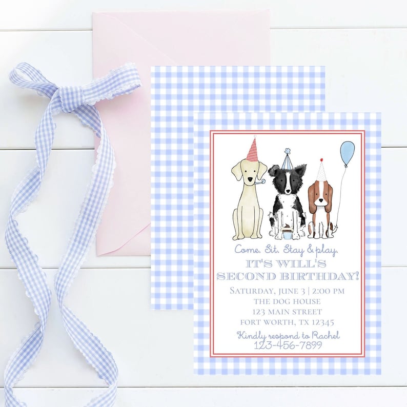 Watercolor Boys Dog Party Invitation Preppy Let's Pawty Boy's Dog Theme