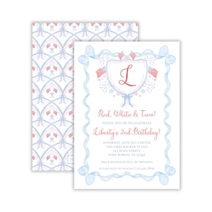May include: Red, white, and blue birthday party invitation with a blue and white patterned background. The invitation features a watercolor illustration of a shield with the letter "L" in red, surrounded by fireworks and a blue ribbon. The text reads "Red, White & Two! Please join us to celebrate Liberty's 2nd Birthday!" with details about the party date, time, location, and RSVP information.