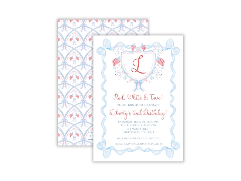 May include: Red, white, and blue birthday party invitation with a blue and white patterned background. The invitation features a watercolor illustration of a shield with the letter "L" in red, surrounded by fireworks and a blue ribbon. The text reads "Red, White & Two! Please join us to celebrate Liberty's 2nd Birthday!" with details about the party date, time, location, and RSVP information.